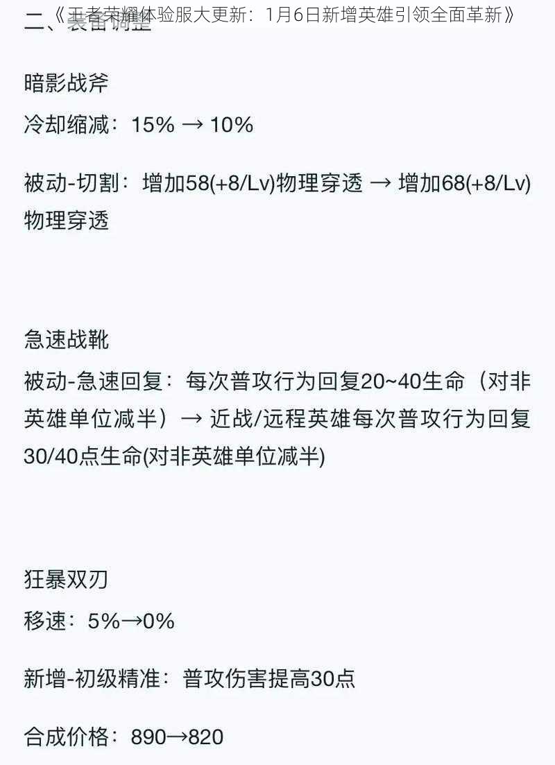 《王者荣耀体验服大更新：1月6日新增英雄引领全面革新》