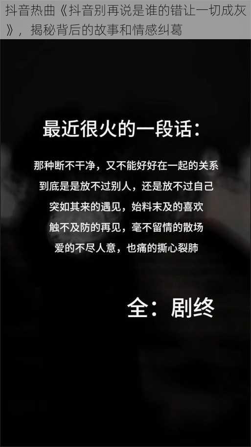 抖音热曲《抖音别再说是谁的错让一切成灰》，揭秘背后的故事和情感纠葛